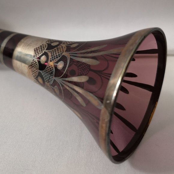 Beautiful Vintage Purple Amethyst Glass Vase w/ Silver Overlay Art Deco Design - Picture 7 of 7